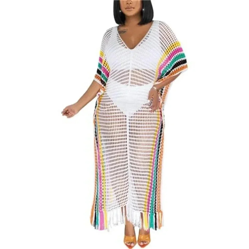 Womens V Neck Hollow Out Color Block Tassel Crochet Side Split Long Dress